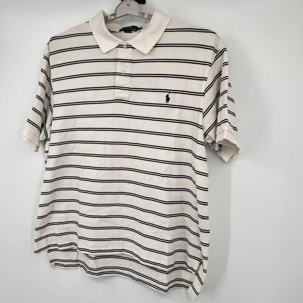 Polo Ralph Lauren Mens 2XB Big White Navy‎ Blue Striped Cotton Pique Polo Shirt